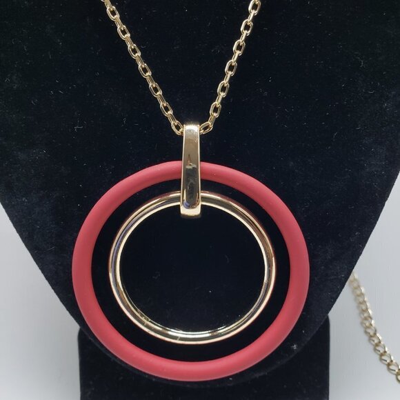 Women's Stunning Polished Gold Tone Necklace w/ Double Hoops Pendant, 38+4-inch - Picture 7 of 10